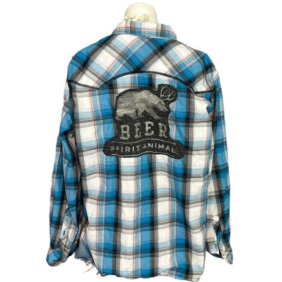 Plaid Western Plaid Pearl Snap Shirt XL Oversize One of Kind Beer Spirit Animal - Picture 2 of 6